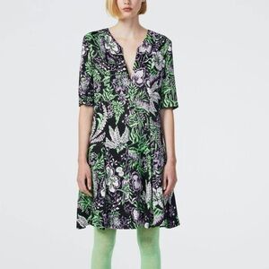 Rodebjer- NWT Kandy Quarter Sleeve Purple and Green Floral Vegetal Flowy Dress